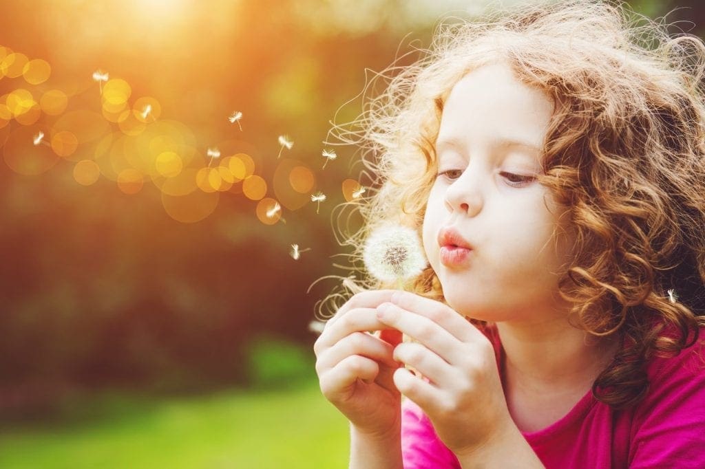 Young girl with curly hair outdoors blowing on a dandelion