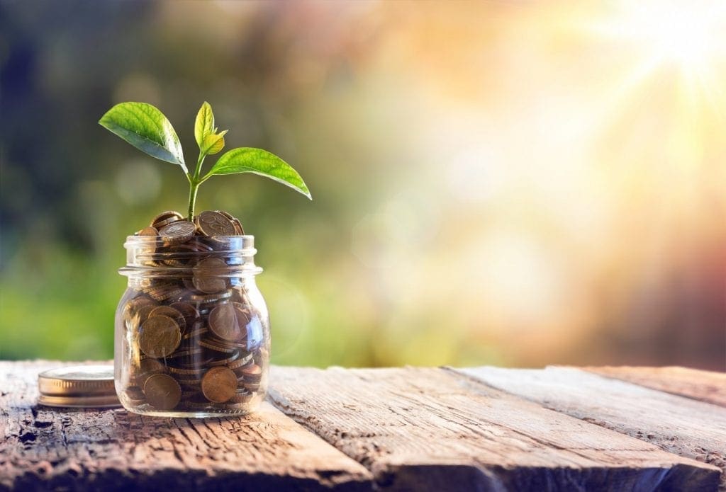 Jar of coins with a plant growing from the top representing growth of wealth and funds