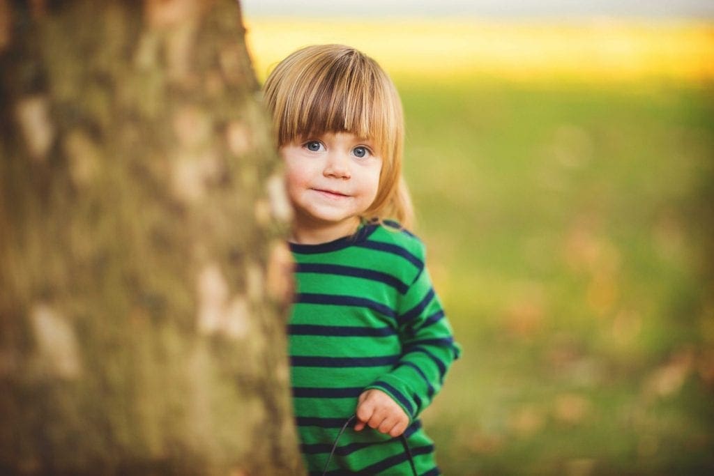 Young preschool aged child standing behind tree